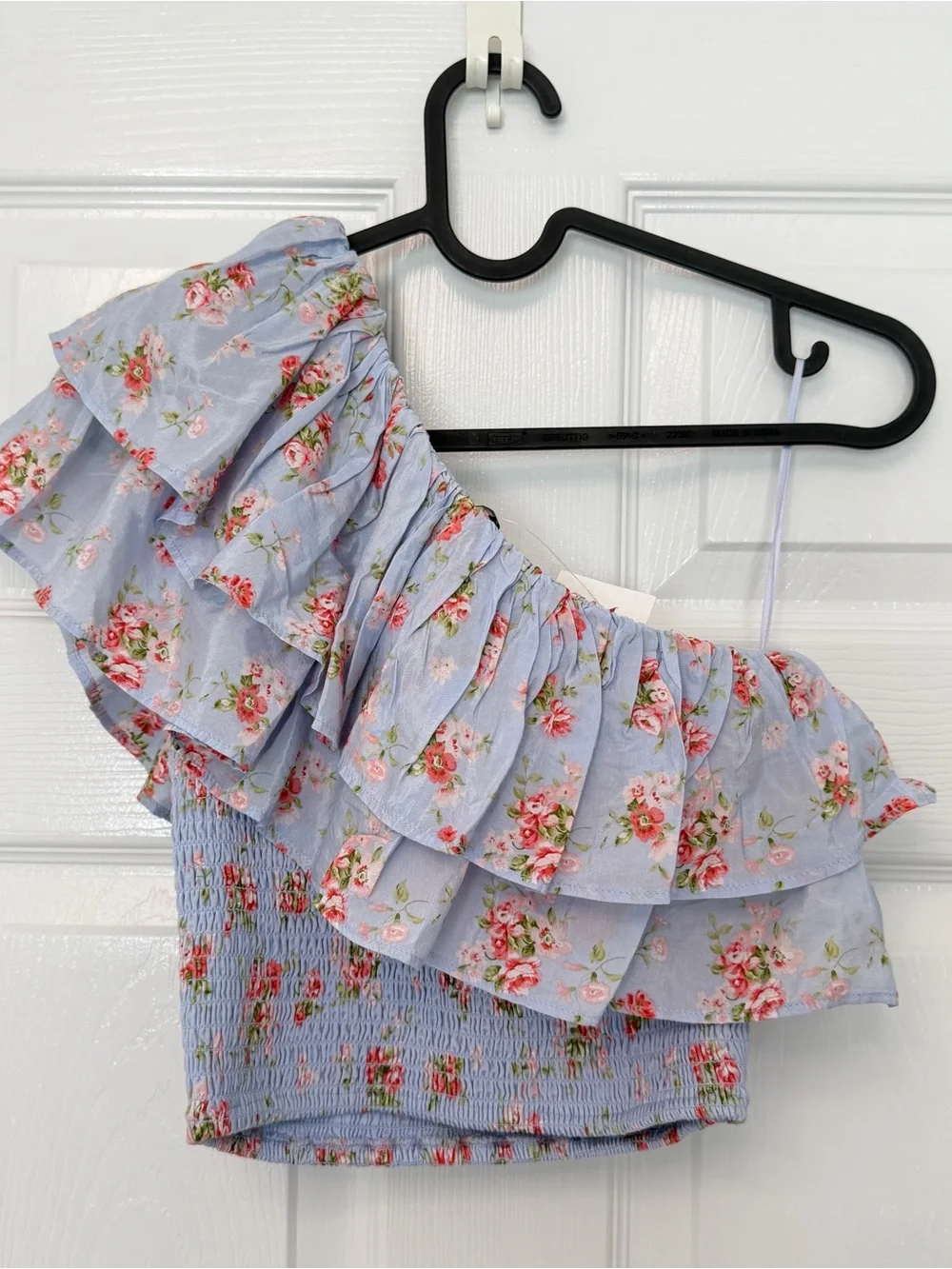 Abercrombie & Fitch Floral One Shoulder Ruffle Smocked Crop Top Blue XXS